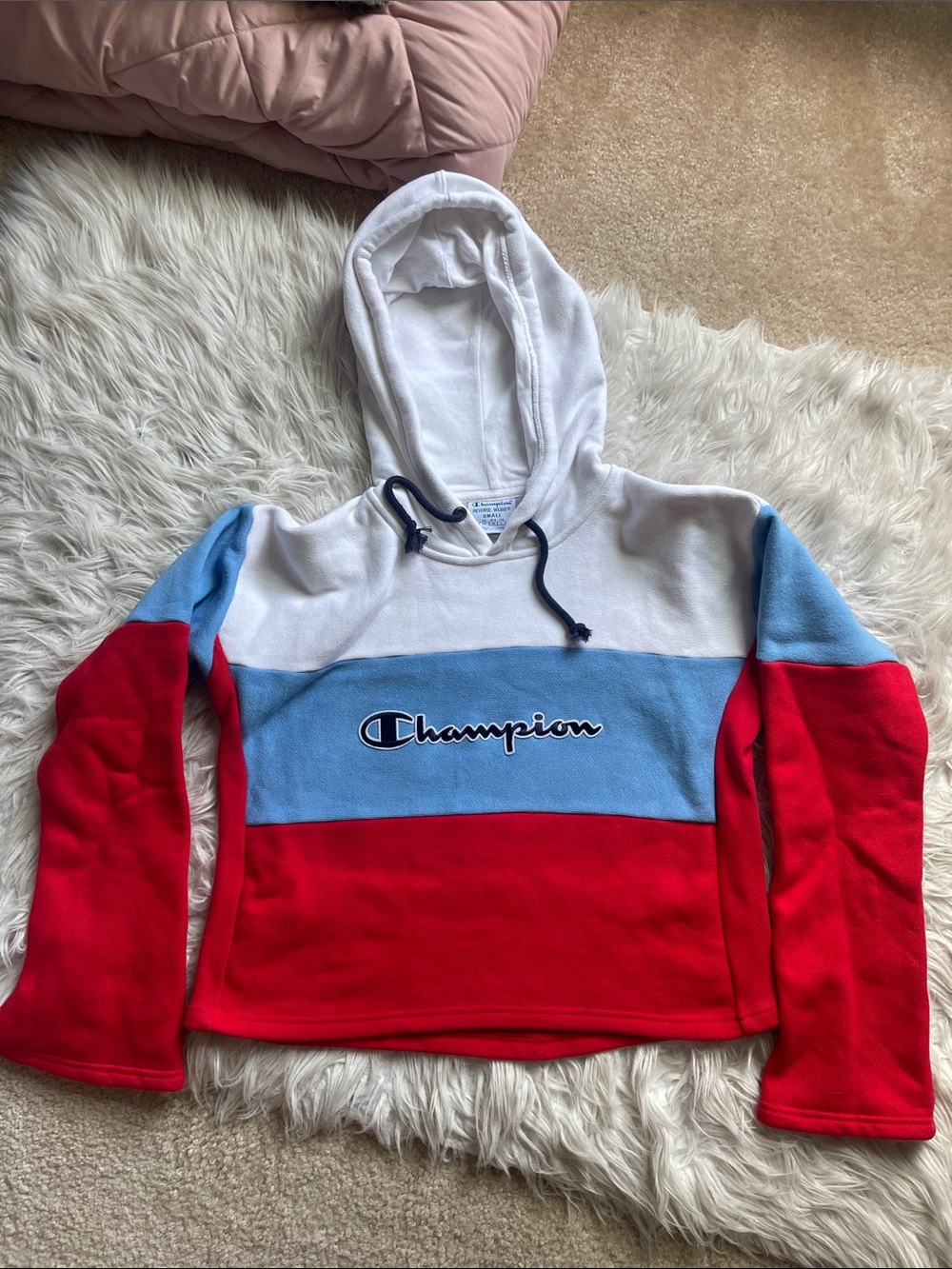 Champion Colorblock Pullover Hoodie in White, Light Blue & Red